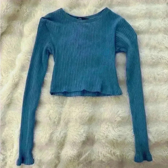 Zara Ribbed  Blue Crop-Top Shirt Woman’s Small - Picture 1 of 6